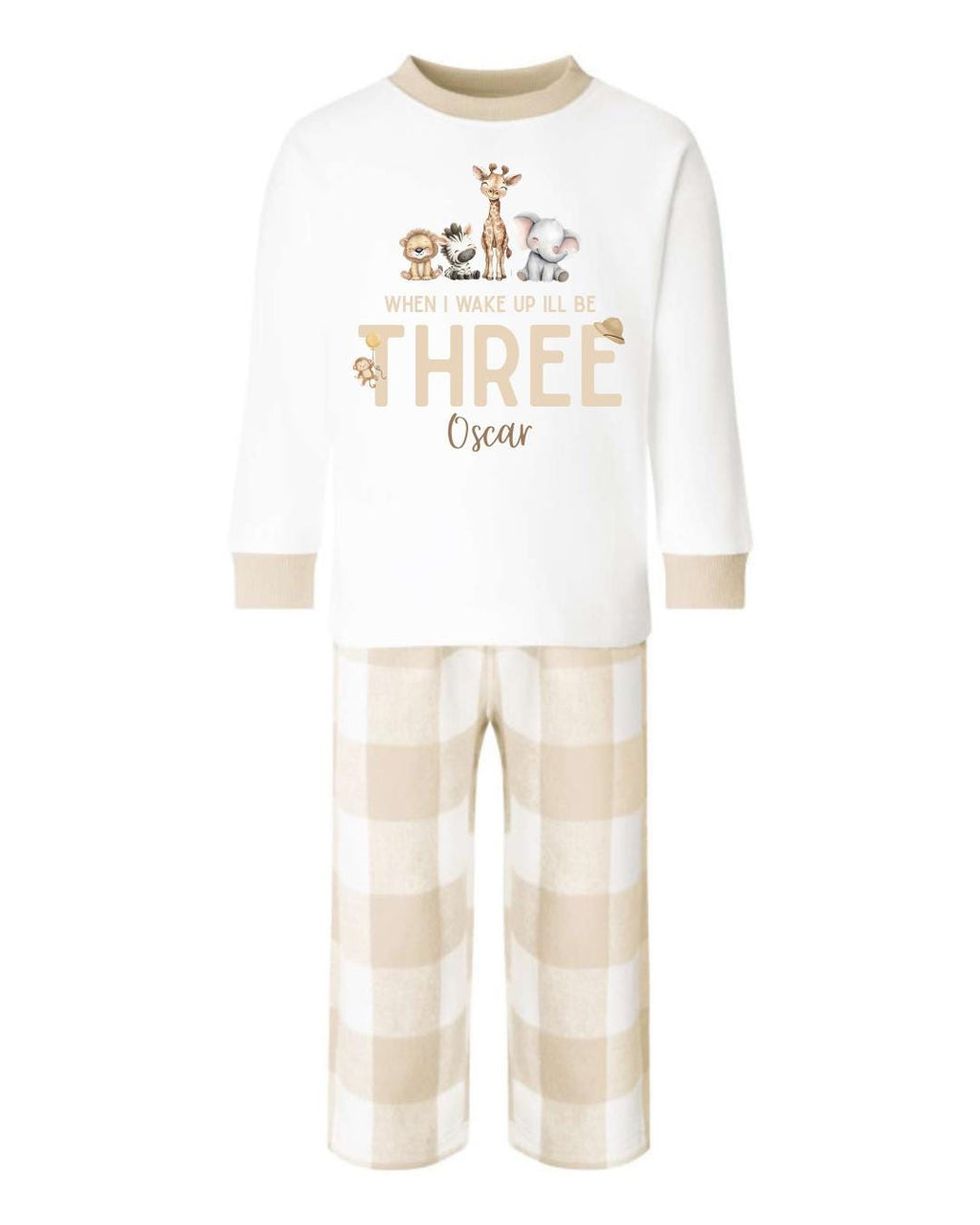 Neutral Beige Safari Animals Personalised Pyjamas
