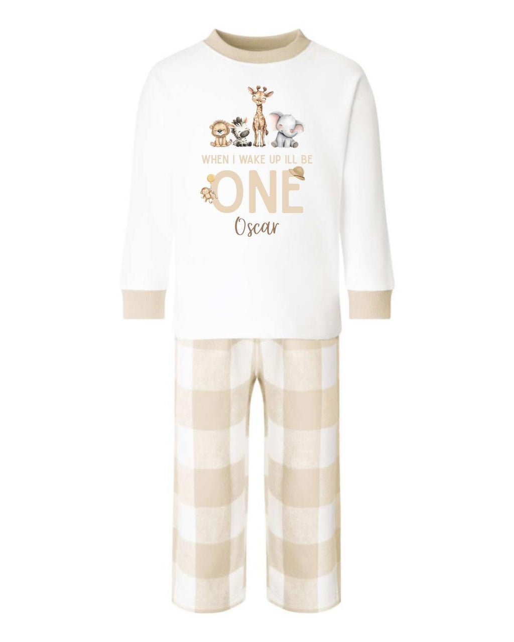 Neutral Beige Safari Animals Personalised Pyjamas