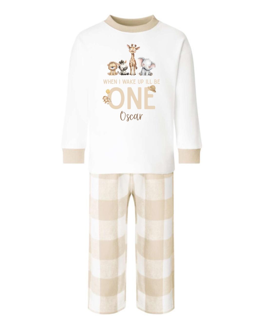Neutral Beige Safari Animals Personalised Pyjamas
