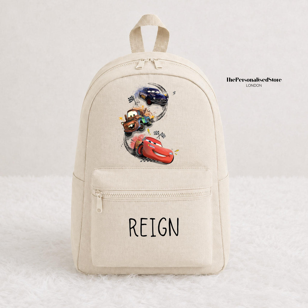 Personalised Beige Cars Lightning Mcqueen, Tow Mater and Hudson Backpack
