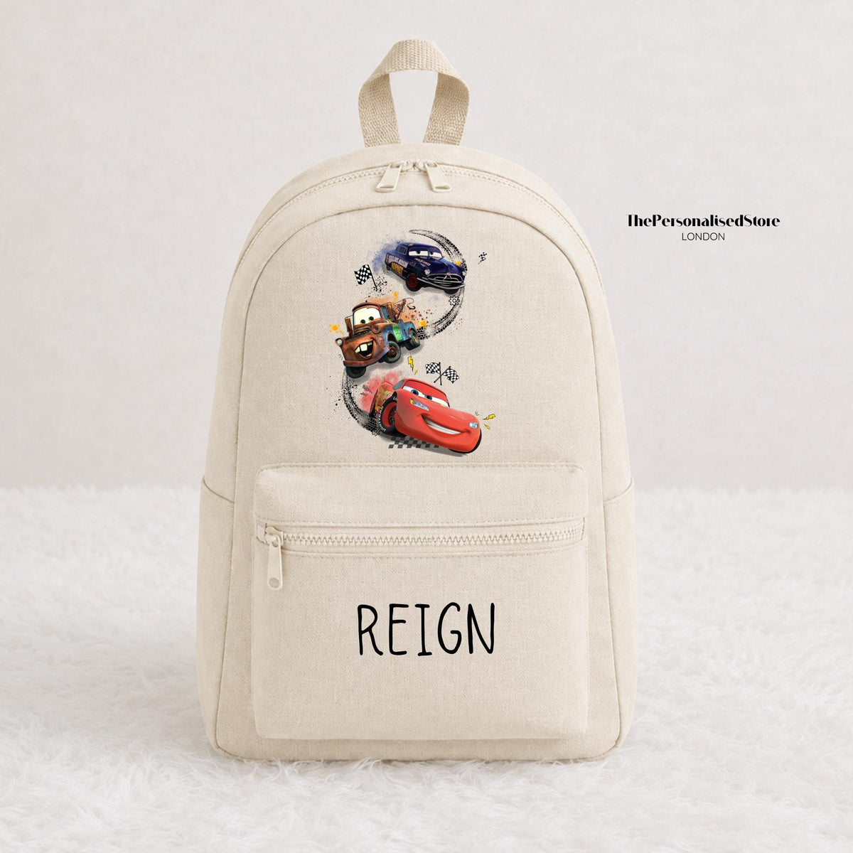 Personalised Beige Cars Lightning Mcqueen, Tow Mater and Hudson Backpack
