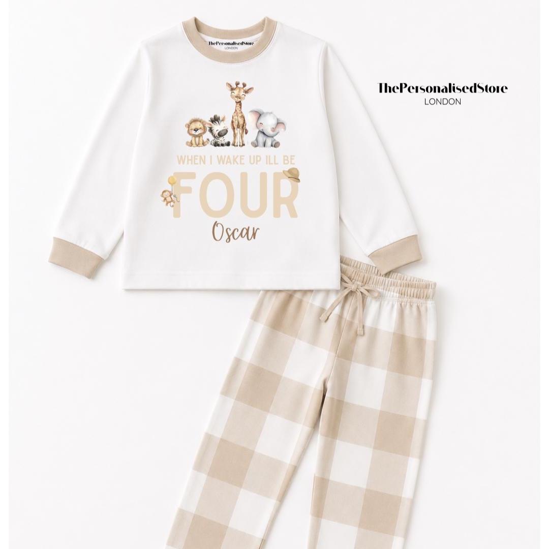 Neutral Beige Safari Animals Personalised Pyjamas