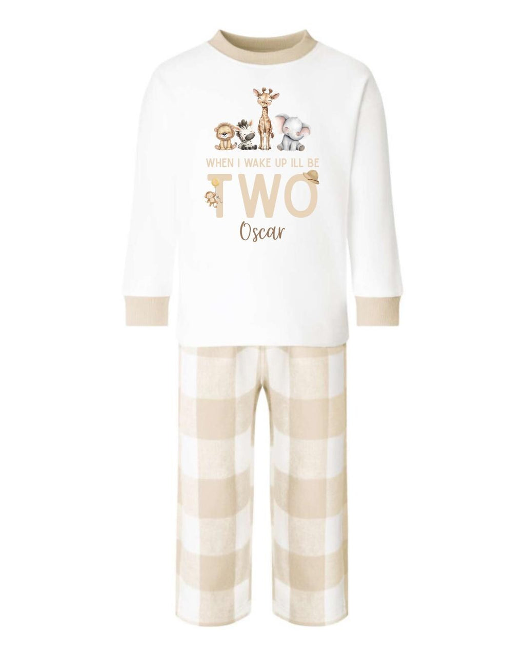 Neutral Beige Safari Animals Personalised Pyjamas