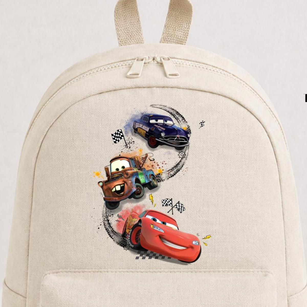 Personalised Beige Cars Lightning Mcqueen, Tow Mater and Hudson Backpack