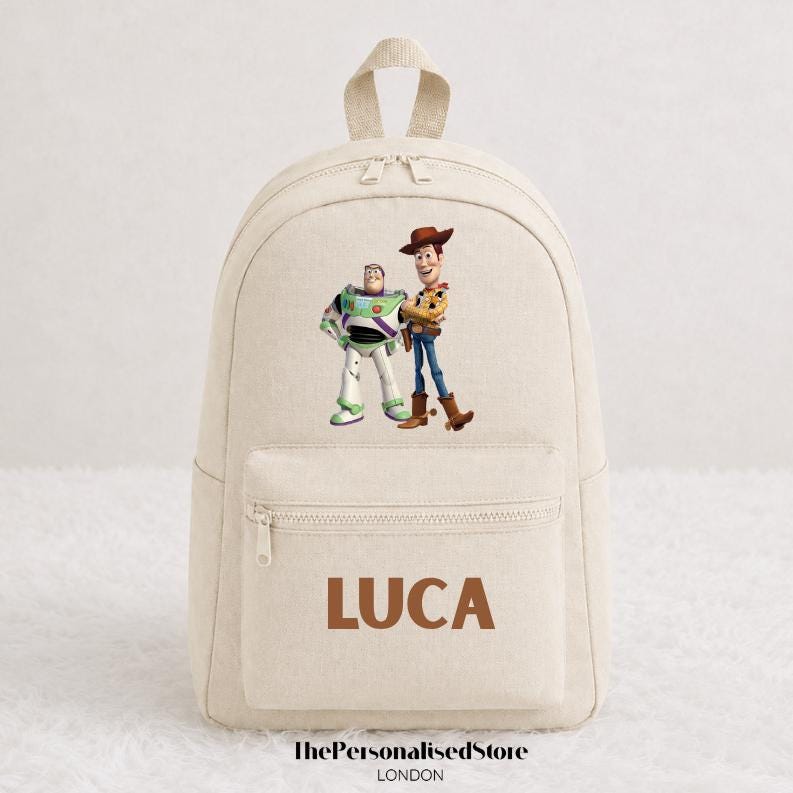 Personalised Beige Woody and Buzz Toy Story Backpack