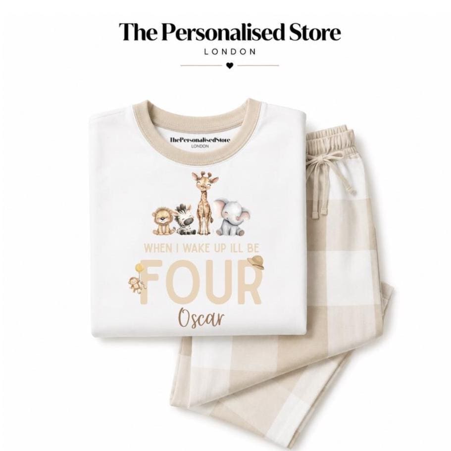 Neutral Beige Safari Animals Personalised Pyjamas
